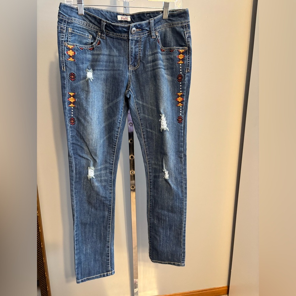 MUDD Junior Women's SIZE 11 Skinny Jeans Aztec Embroidered Distressed Denim